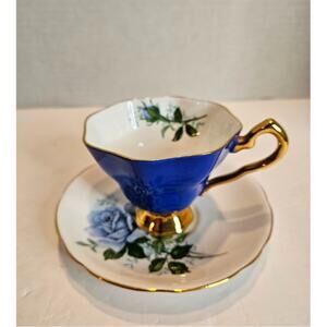 Elegant Royal Stafford Bone China Teacup & Saucer Set: Blue Rose  Gold Accents